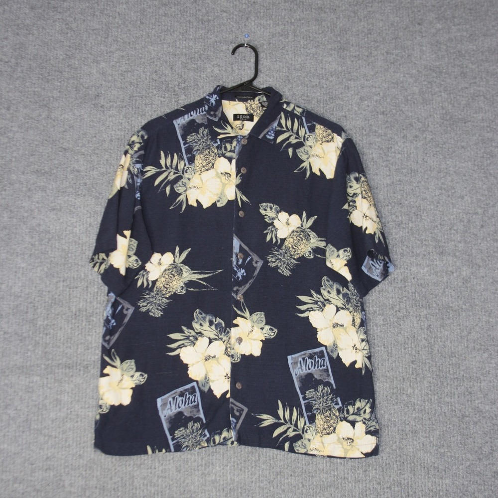 IZOD Golf Hawaiian Shirt Mens M Navy Blue Silk Aloha Tropical Floral Pineapple